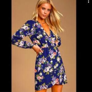 Lulus Women Navy Floral Wrap Long Sleeve Dress Size M